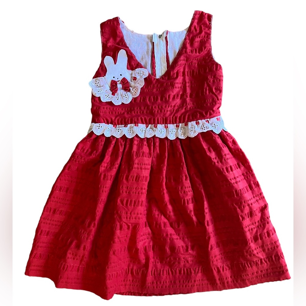 Handmade Girls‎ Bunny Red White Dress Size 4/5 Eyelet Ribbon Bow Adorable